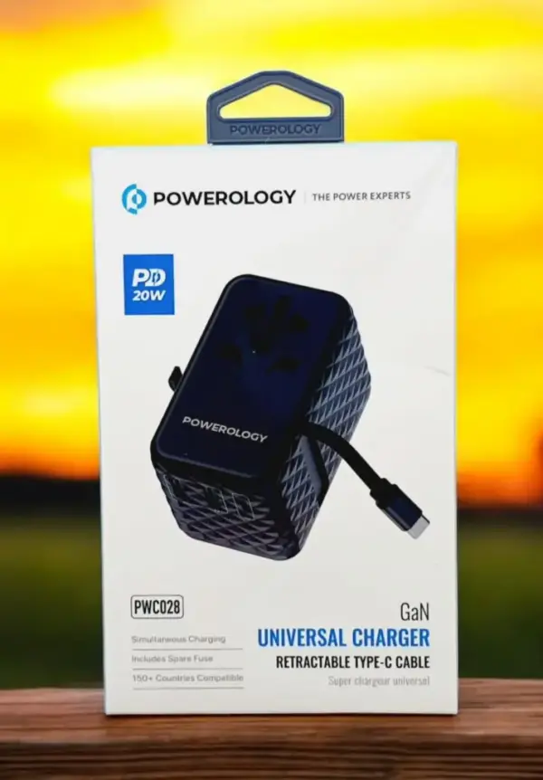 POWEROLOGY GAN UNIVERSAL CHARGER RETRACTABLE TYPE-C CABLE PD 20W PWC028 | BLACK